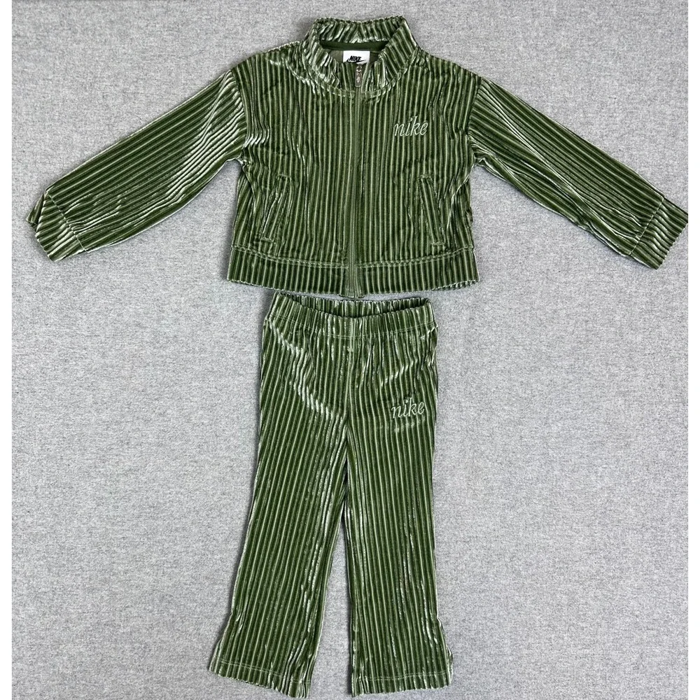 Nike Velour Tracksuit Toddler 24M Green Ribbed Full Zip Jacket Pants Set
